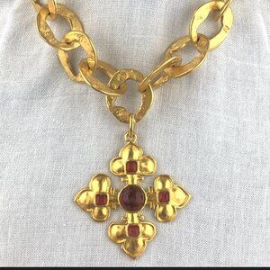 KARL LAGERFELD vintage  necklace, cross red glass stones on hand-made  18" chain